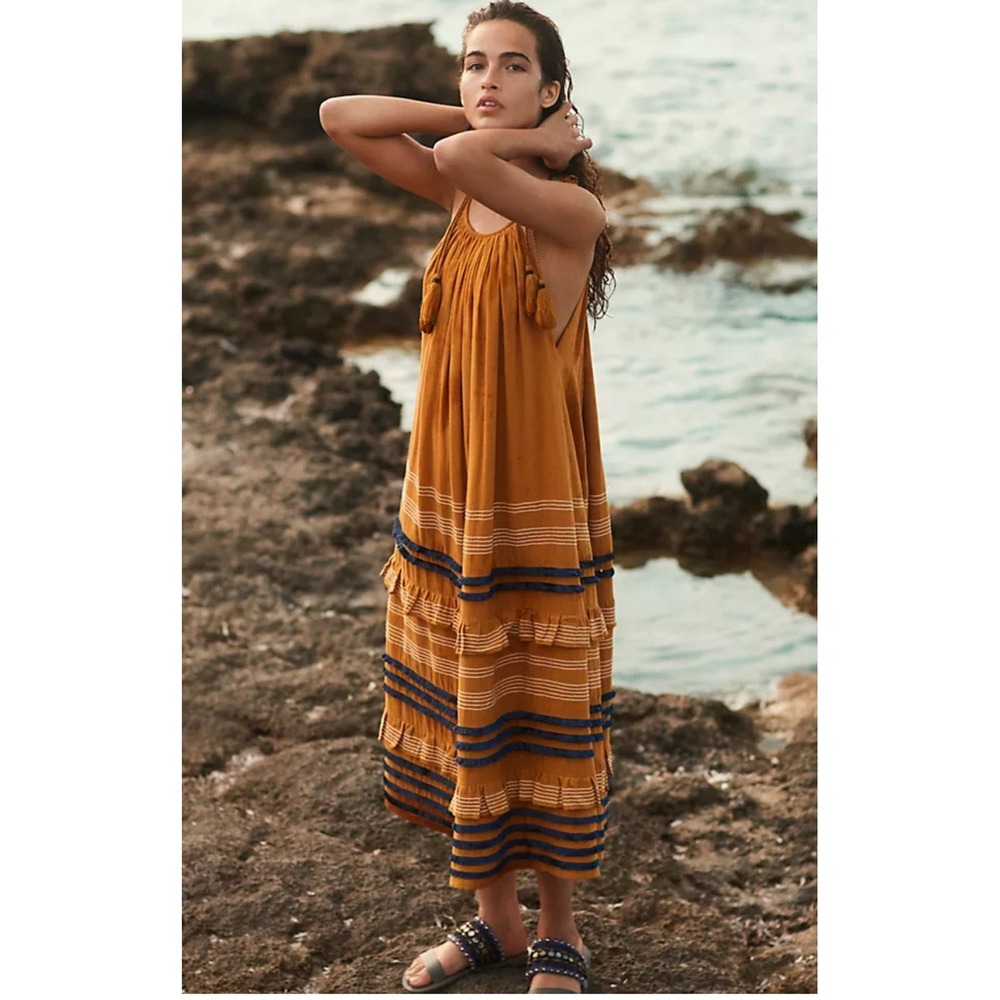 Anthropologie COREY LYNN CALTER SERENA TRAPEZE ā Dress Small Boho Midi Gold Navy